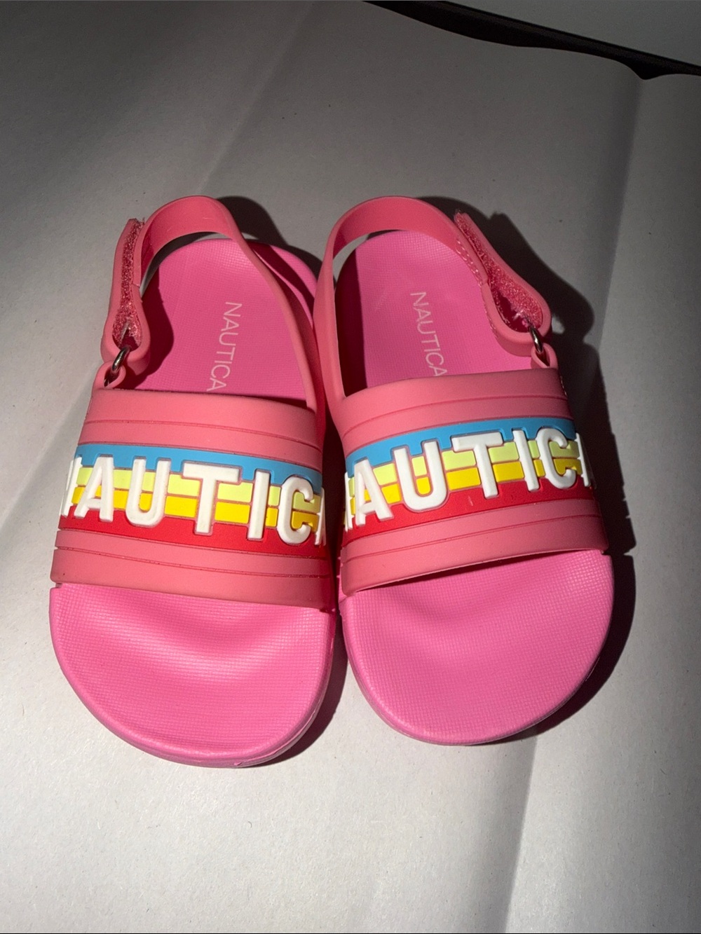 Nautica Kids Bright Pink Slide Sandals with Rainbow Logo‎ Band